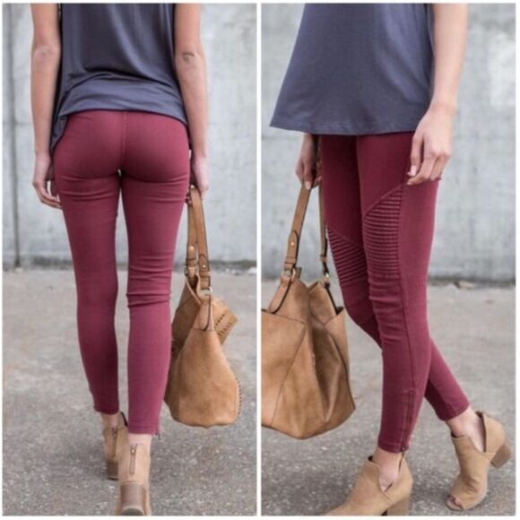 Beulah Moto Leggings Zippered Ankle Wine NWT - Picture 1 of 8